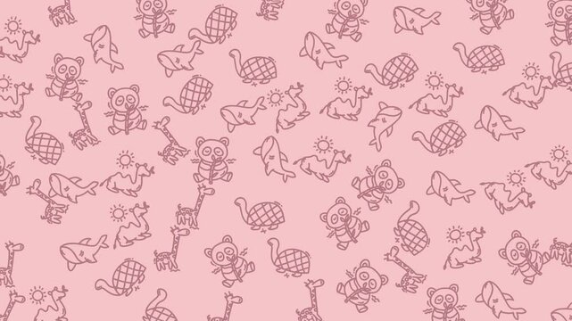 Pink background with multiple animal character outline doodles, suitable for childrens books, educational materials, scrapbooking, and stationery products.
