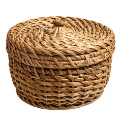 Round woven container with lid displays intricate natural fiber craftsmanship.