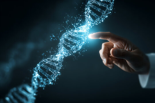 Human finger touching glowing dna helix structure