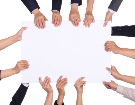 Hands Holding Empty Blackboard with Wooden Frame Isolated on White Background