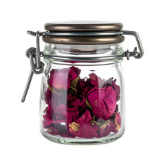 Sealed glass jar holds dried rose petals for potpourri or crafting.