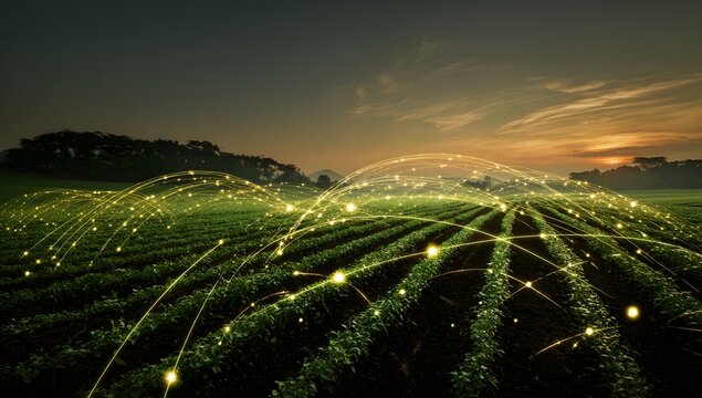 Illuminated agricultural field at dusk showcasing advanced technology and sustainable farming practices