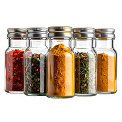 Five glass jars filled with various spices are displayed against a black background.