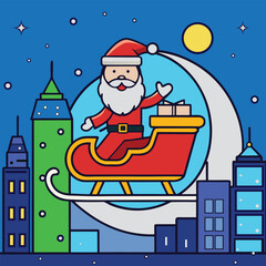 Santa Claus Riding Sleigh Over City at Christmas Night