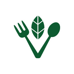 Healthy food concept logo vector illustration design. Fork, spoon, and leaf.