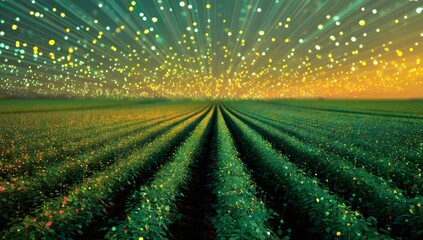 Vast agricultural field stretching towards a vibrant sky filled with luminous star like points of light