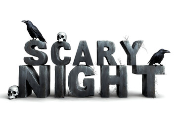 Elegant gothic 3D dark stone lettering with fog, skulls and ravens on white. Words: Halloween, Trick or Treat, Happy Halloween, Spooky, Boo!, Creepy, October, Scary Night. Cinematic clipart.