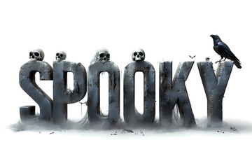 Elegant gothic 3D dark stone lettering with fog, skulls and ravens on white. Words: Halloween, Trick or Treat, Happy Halloween, Spooky, Boo!, Creepy, October, Scary Night. Cinematic clipart.