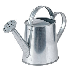 Metal watering can with sprinkler head and two handles on black.