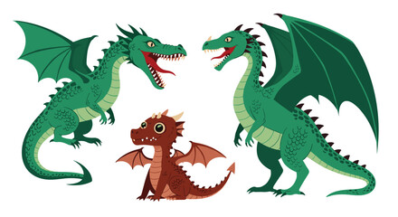 Fototapeta premium A group of adorable cartoon dragons in different sizes and colors including two large green dragons and a small brown dragon flying happily together.