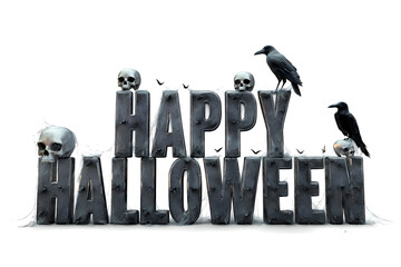 Elegant gothic 3D dark stone lettering with fog, skulls and ravens on white. Words: Halloween, Trick or Treat, Happy Halloween, Spooky, Boo!, Creepy, October, Scary Night. Cinematic clipart.