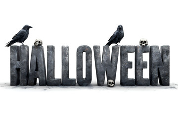 Elegant gothic 3D dark stone lettering with fog, skulls and ravens on white. Words: Halloween, Trick or Treat, Happy Halloween, Spooky, Boo!, Creepy, October, Scary Night. Cinematic clipart.