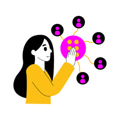 Illustration Of A Woman Interacting With A Digital Network Of People Icons On A Transparent Background