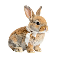 Obraz premium Fluffy brown rabbit with white ribbon sits against a black background.