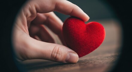 Hand delicately holding red plush heart against wood background