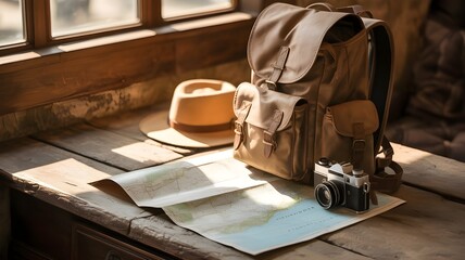 Travel Adventure Essentials Flat Lay on Rustic Wooden Table