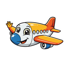 Smiling white airplane with orange and yellow accents waves with one wing, set on a plain white background.
