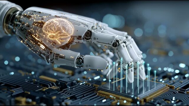 Future Tech: A gleaming robotic hand cradles a glowing brain, symbolizing the seamless integration of technology and intellect. This image embodies the cutting edge of innovation.