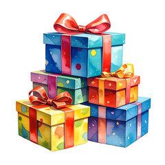 Colorful gift boxes are stacked and adorned with ribbons.
