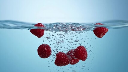 Fresh Raspberries Falling into Water - A captivating close-up shot of fresh raspberries splashing into clear water, creating bubbles and water droplets. - Powered by Adobe