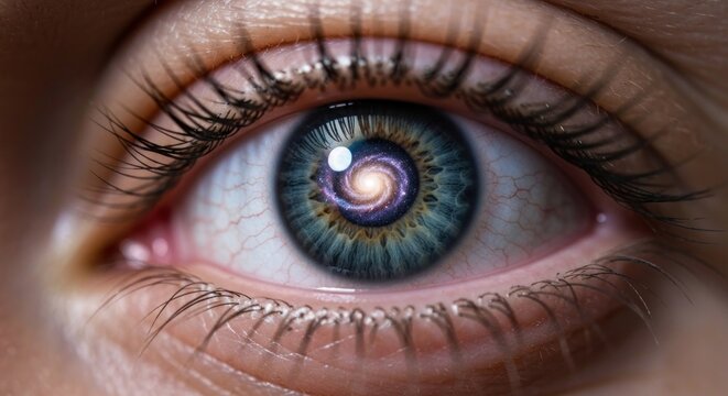 Human eye shows swirling galaxy in iris, surreal macro close-up
