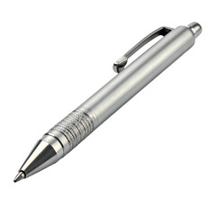 Sleek metallic writing instrument with clip rests on black background.