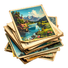 Stack of vintage landscape postcards depicts a serene river flowing through mountains.