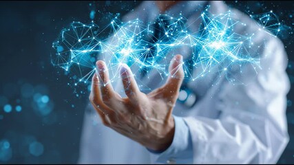Embracing The Future: A doctor, embodying expertise and innovation, gestures towards a vibrant, illuminated network symbolizing the interconnectedness of knowledge and progress. - Powered by Adobe
