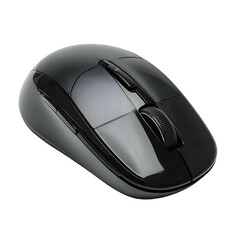 Sleek black computer mouse with scroll wheel and buttons on black background.
