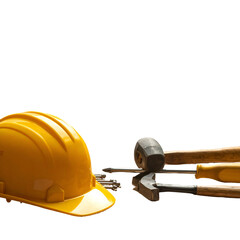Yellow hard hat with tools including hammers and screwdrivers.