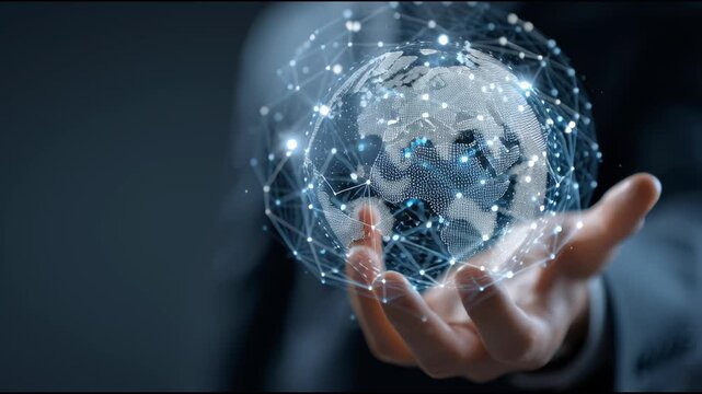 Global Network Connection: An individual extends a hand, cradling a digital representation of the globe encompassed by a web of interconnected nodes.