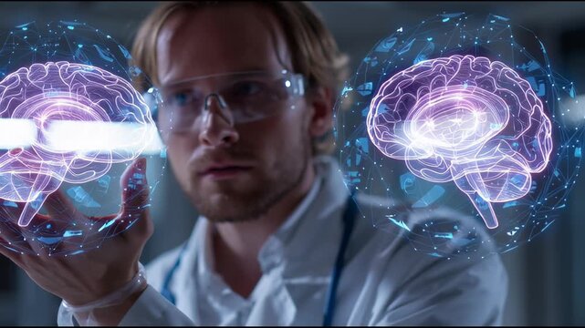 Brain Research: A dedicated scientist studies illuminated brain models, symbolizing the forefront of neuroscientific innovation and exploration.
