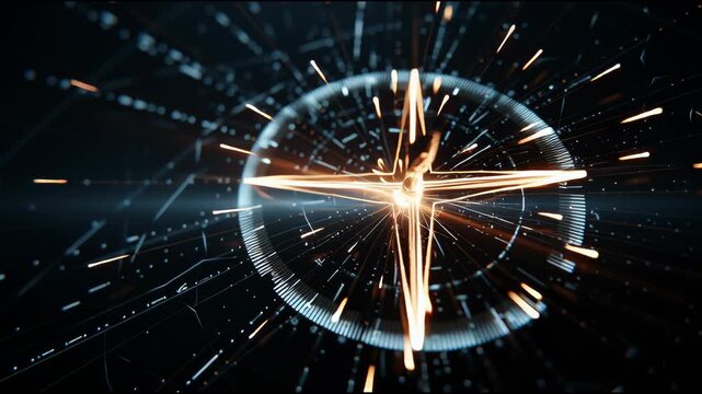 Abstract Digital Starburst: A radiant display of interconnected lines and points forms a mesmerizing starburst, set against a dark, tech-inspired backdrop, invoking innovation, data.