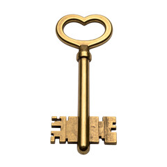 Ornate heart-shaped brass key rests isolated against a stark black background.