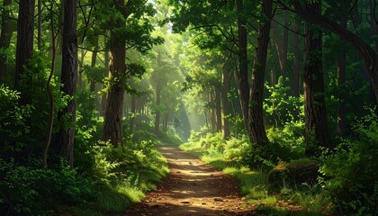 Sun Drenched Forest Path with Lush Green Trees and Scattered Leaves in Natural Lighting