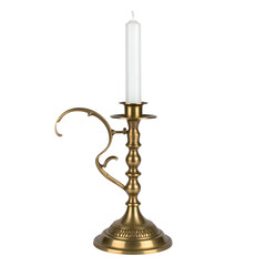 Ornate brass candlestick with white candle on black background.