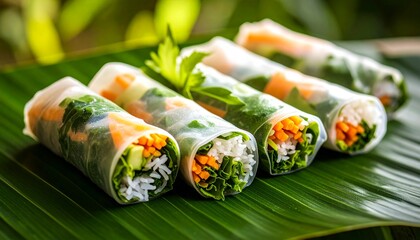 Delicious Spring Rolls On Green Leaf. Vietnamese Cuisine.