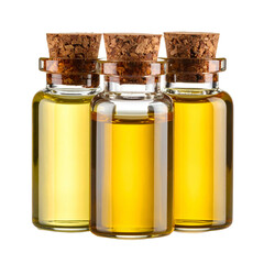 Three clear glass bottles with cork stoppers hold golden liquid.