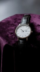 Classic Leather-Strap Wristwatch on Purple Velvet