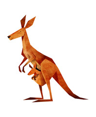 Watercolor kangaroo with baby on a white background. Painted in warm orange tones with geometric shapes. For posters, nursery decor, wildlife education projects, and Australian animal collections. © _Julia_red