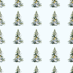 Obraz premium Seamless watercolor pattern with snowy Christmas trees and yellow lights. For winter fabrics, wrapping paper, and festive prints.