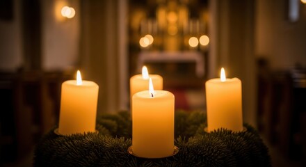 A beautiful advent wreath with four lit candles sits in a church preparing for Christmas celebrations a time for reflection and family gatherings