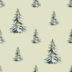 Seamless watercolor pattern featuring snowy Christmas trees with glowing yellow lights on a soft green background. Perfect for wrapping paper, winter textiles, gift packaging, cards, seasonal decor