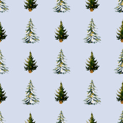 Obraz premium Seamless watercolor pattern featuring Christmas trees in wooden pots, covered with snow and decorated with soft yellow lights on a pale blue background. For wrapping paper, textiles, greeting cards