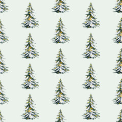 Obraz premium Seamless watercolor pattern with snowy Christmas trees and yellow lights. For winter fabrics, wrapping paper, and festive prints.