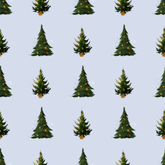 Obraz premium Watercolor seamless pattern with green Christmas trees in wooden pots decorated with yellow lights and garlands on soft blue background. For winter fabrics, wrapping paper, and holiday cards.
