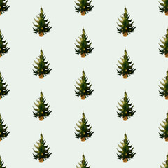 Obraz premium Watercolor seamless pattern with green Christmas trees in wooden pots decorated with golden stars on soft green background. For winter fabrics, wrapping paper, gift boxes, and holiday cards.