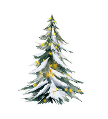 Watercolor Christmas tree with yellow lights and snow. For holiday cards, posters, prints and winter decor.
