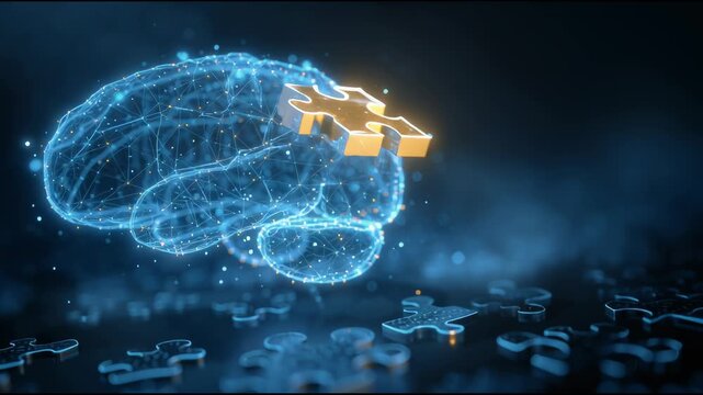 Mind Puzzle: A shimmering, futuristic representation of a human brain integrates with a golden puzzle piece, illuminating the concept of cognitive understanding and mental problem-solving.