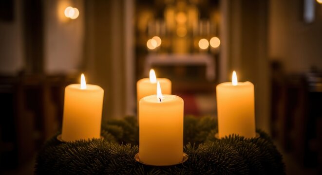 A beautiful advent wreath with four lit candles sits in a church preparing for Christmas celebrations a time for reflection and family gatherings